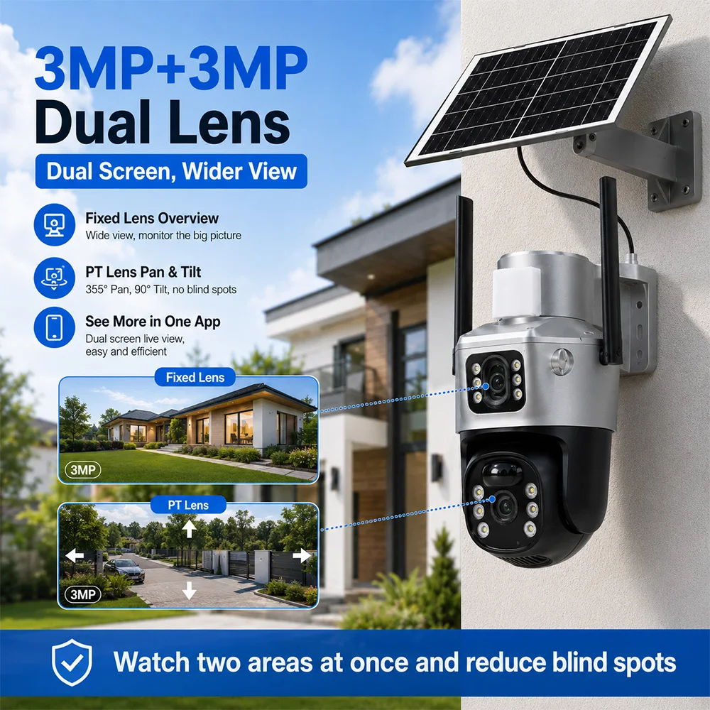 Security Camera System Solar 4G - Cámara de seguridad solar 4G, 3MP+3MP,