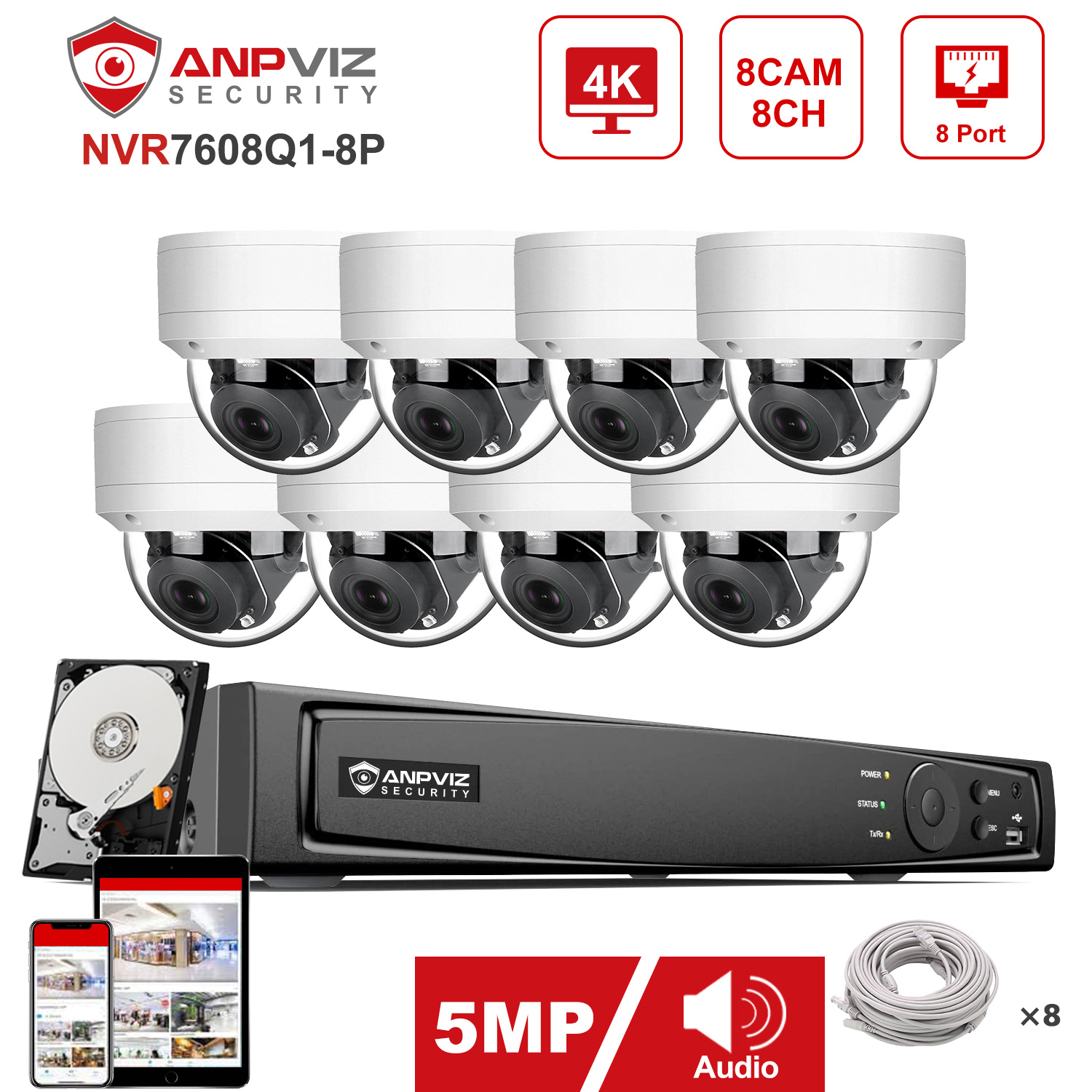 Anpviz 8CH 4K NVR 4/6/8 Uds 5M - Nvr Kit 4 Camera 5Mp Poe reseña y precio