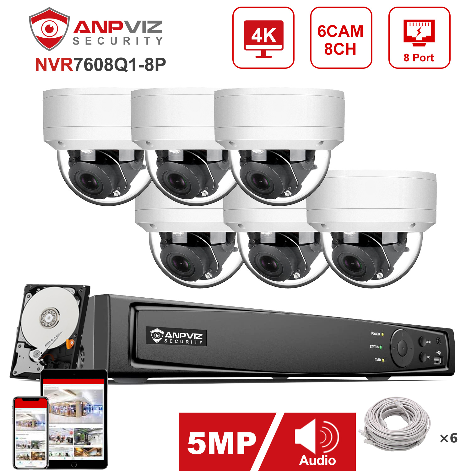 Anpviz 8CH 4K NVR 4/6/8 Uds 5M - Nvr Kit 4 Camera 5Mp Poe reseña y precio
